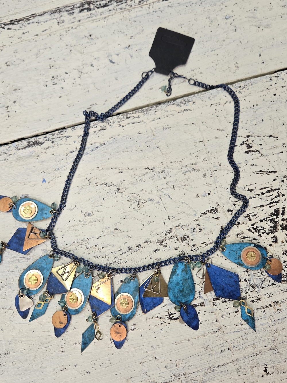 Boho Mixed Metal Blue Copper Geometric Dangle Statement Necklace 18"